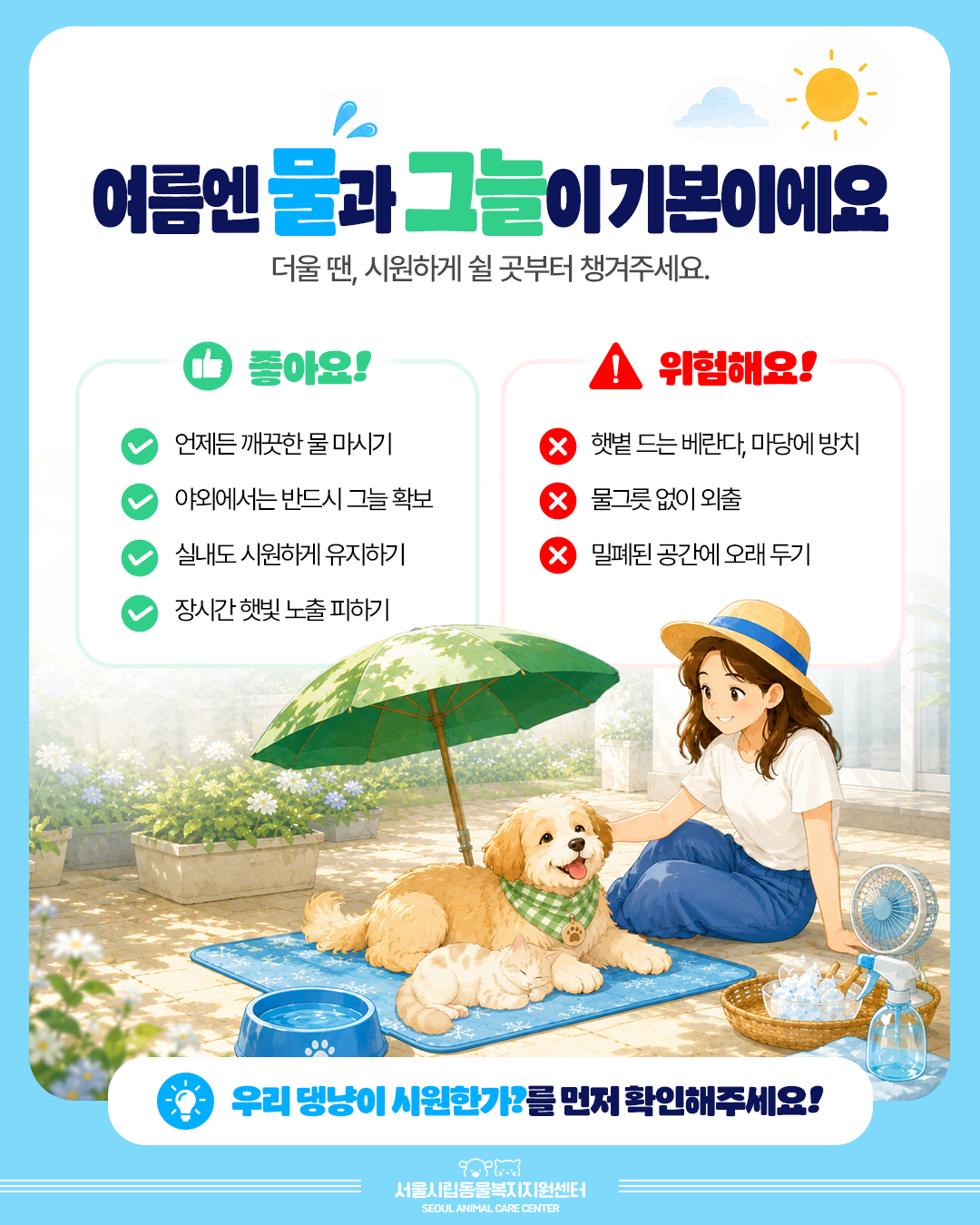 여름엔 물과 그늘이 기본이에요