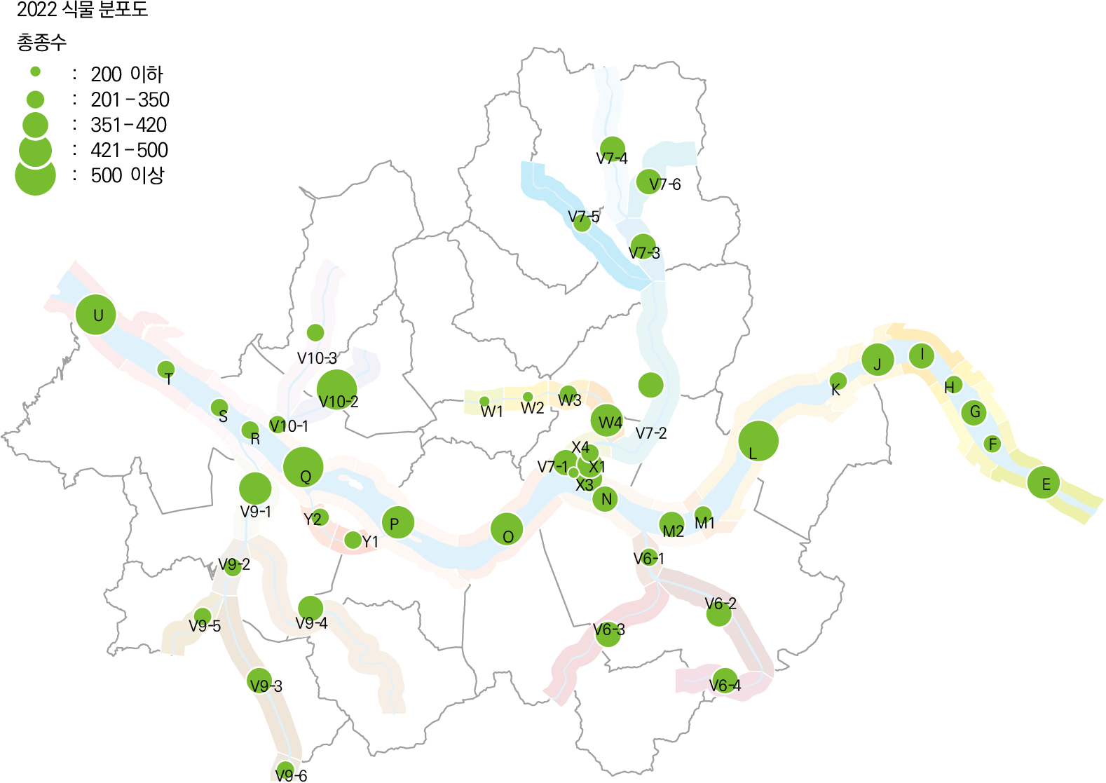 2022 식물 분포현황. 200 이하:W1,W2. 201-350:T,S,R,V10-1,V10-3,Y1,Y2,V9-2,V9-5,V9-6,W3,X4,V6-1,M1,K,H,F,V7-5. 351-420:I,G,M2,V6-2,V6-3,V6-4,V9-3,V9-4,V7-4,V7-6,V7-3,V7-2. 421-500:W4,V9-1,P,O,J,E. 500 이상:U,V10-2,Q,L.