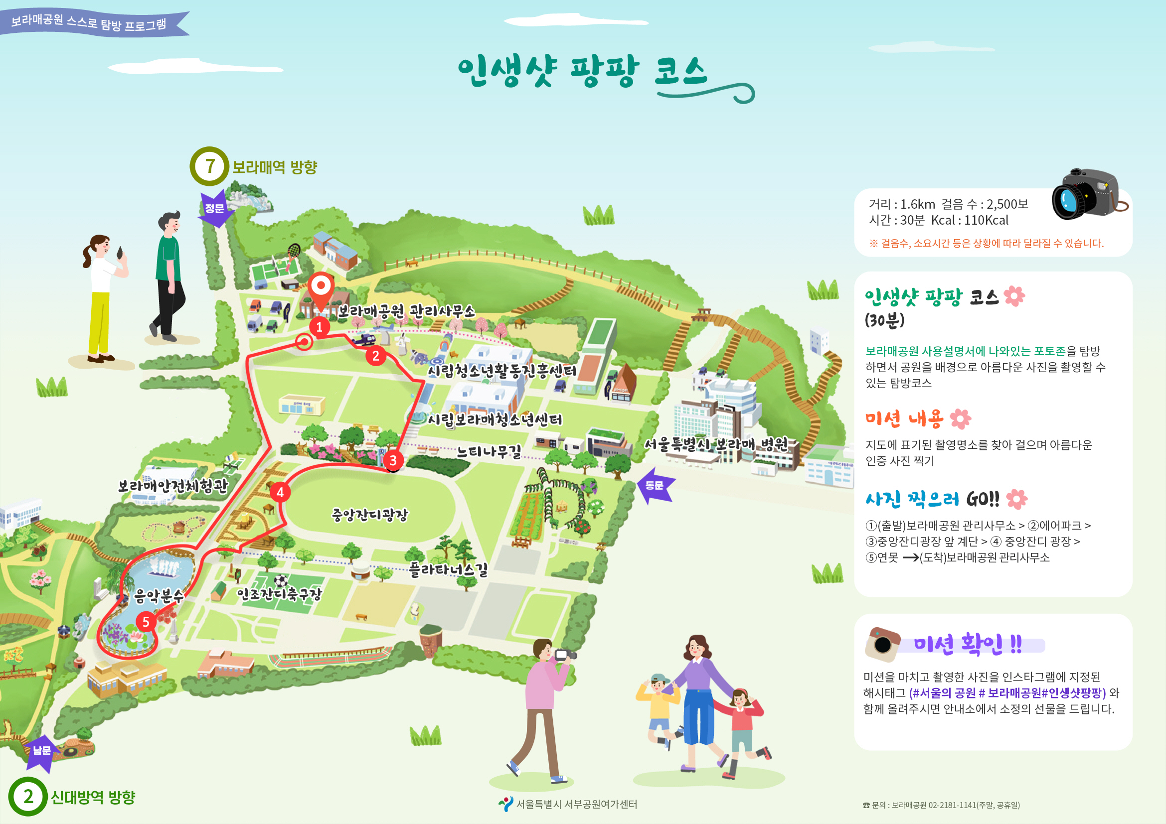 보라매 공원 스스로 탐방 프로그램. 인생샷 팡팡 코스.
								거리:1.6km 걸음수:2,500보 시간:30분 Kcal:110Kcal *걸음수,소요시간 등은 상황에 따라 달라질수 있습니다. 인생샷 팡팡 코스(30분) 보라매공원 사용설명서에 나와있는 포토존을 탐방하면서 공원을 배경으로 아름다운 사진을 촬영할 수 있는 탐방코스.
								 미션 내용 : 지도에 표기된 촬영명소를 찾아 걸으며 아름다운 인증 사진 찍기.
								  사진 찍으로 Go!! ①(출발)동부공원녹지사업소>②에어파크>③중앙잔디광장 앞 계단>④중앙잔디 광장>⑤연못>(도착)동부공원녹지사업소 .
								   미션 확인!!미션을 마치고 촬영한 사진을 인스타그램에 지정된 해시태그(#서울의공원#보라매공원#인생샷팡팡)와 함께 올려주시면 안내소에서 소정의 선물을 드립니다.
								   서울특별시 동부공원녹지사업소. 문의:공원여가과 02-2181-1186~7(평일) / 상황실 02-2181-1114(주말,공휴일)